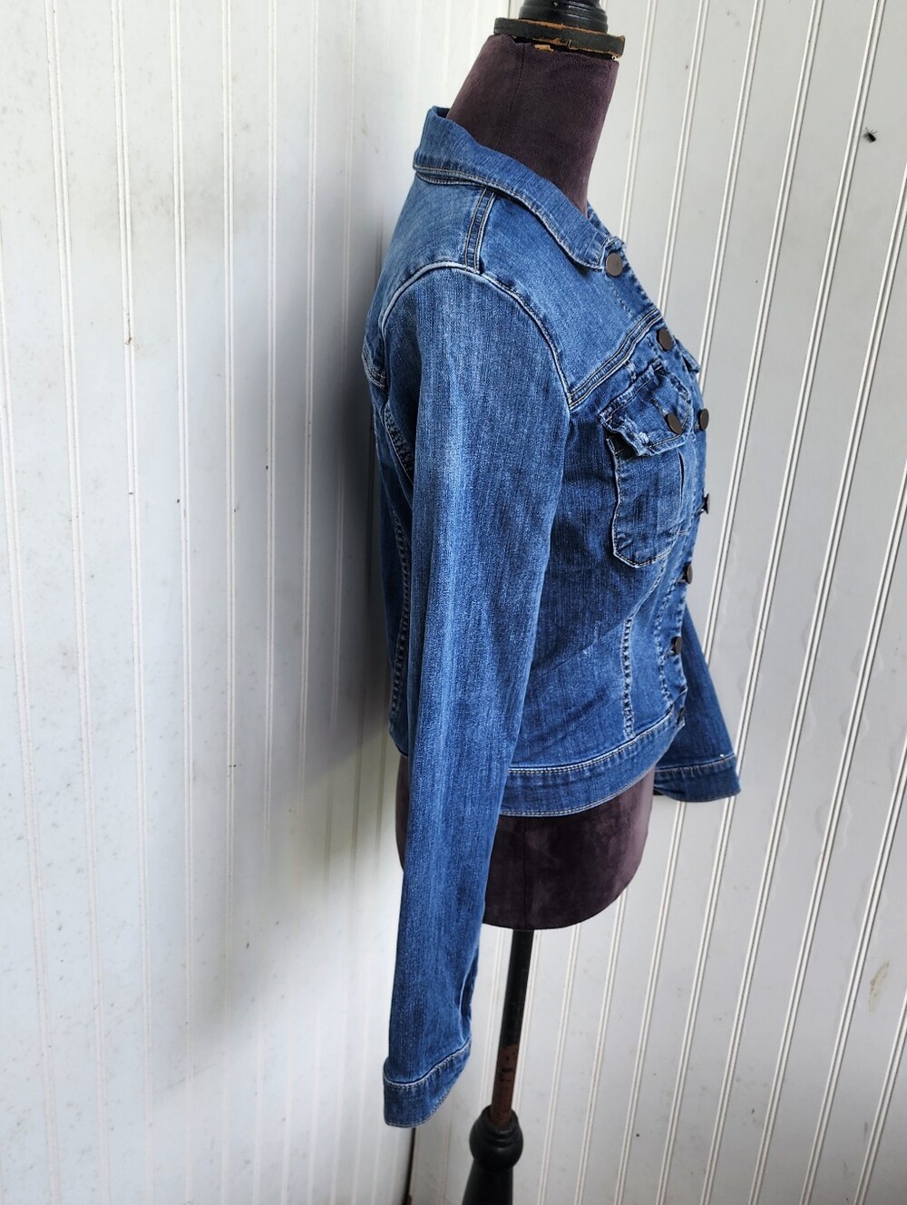 Kut From The Kloth Blue Stretch Fitted Crop Denim Jacket Faithfully Sz M - Picture 4 of 15
